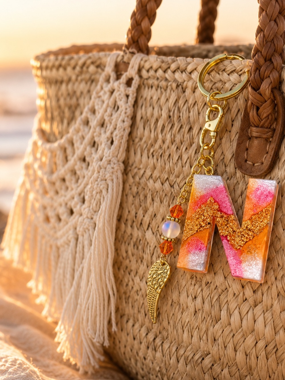 Orange, Gold and Pink Initial Letter “N” Boho Keychain With Angel Wing Charm - Picture 2 of 11